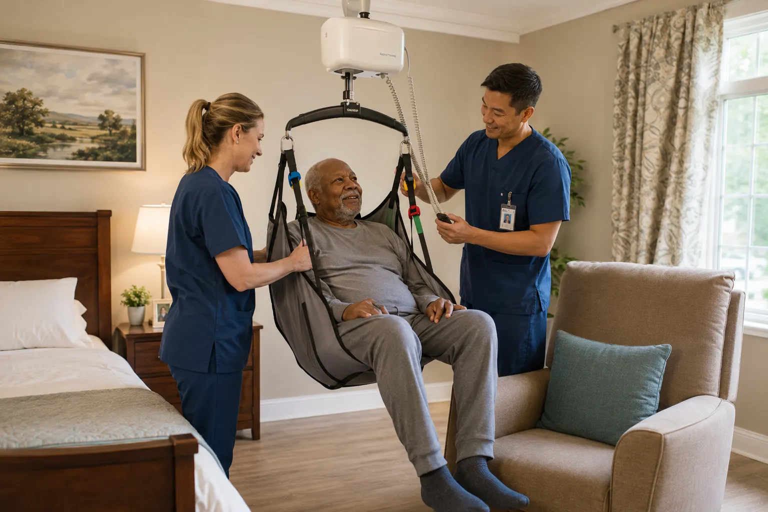 Staff using a mechanical lift for safe transfers in senior nursing home care